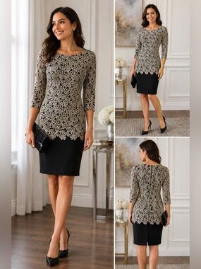 Elegant Black & Taupe Lace Sheath Dress